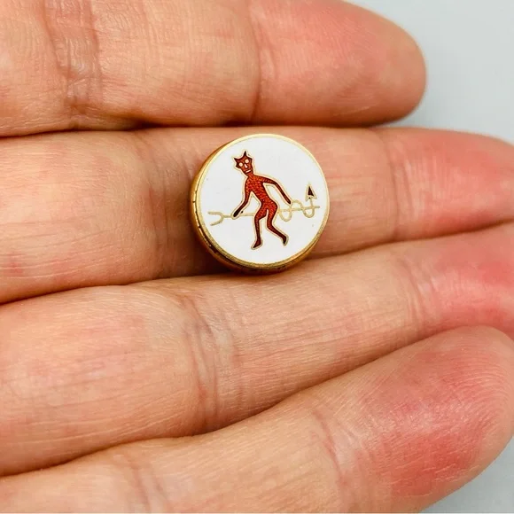 Antique Guilloche Red Devil on Pitchfork Enamel 10K Secret Society Pin Stief Co.